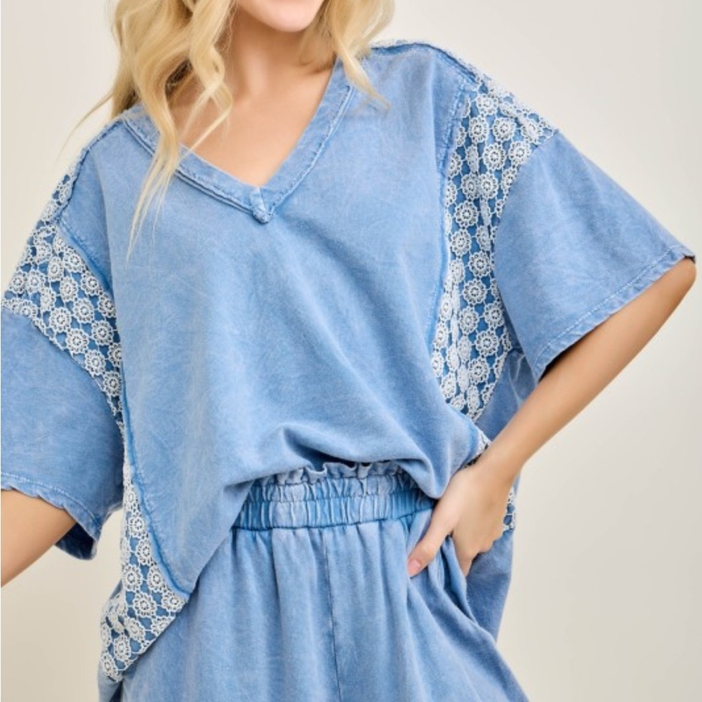 Mineral Washed Lace Trimmed Top